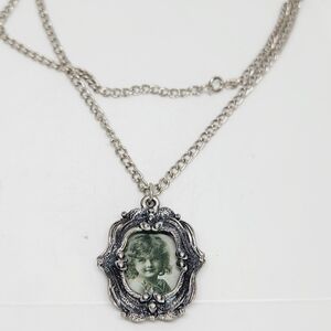 Vintage Silver Tone Art Nouveau Mini Frame Ornate Pendant Necklace On Long Chain